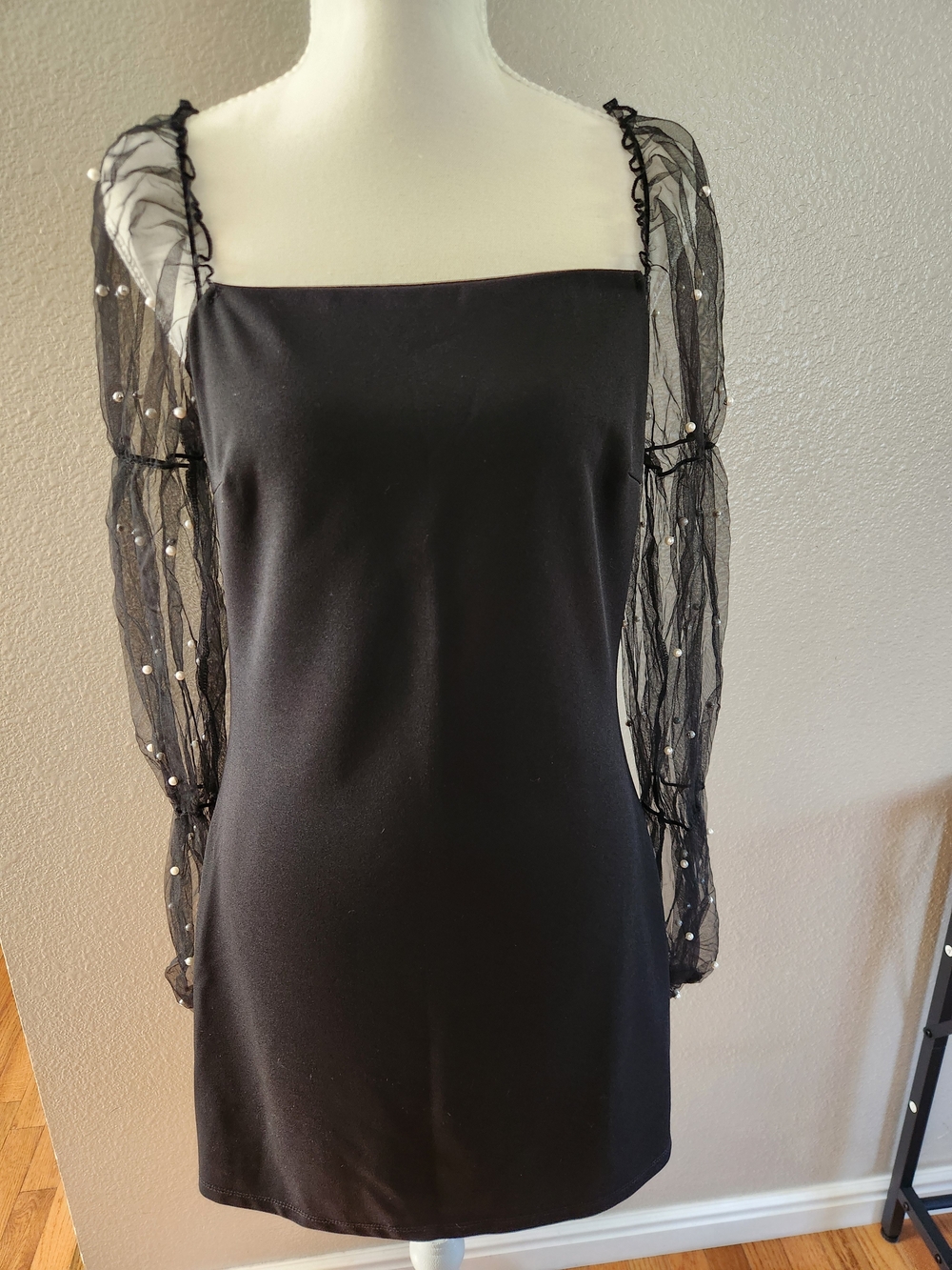 Black Mini Dress with Pearl-Embellished Sheer Sleeves